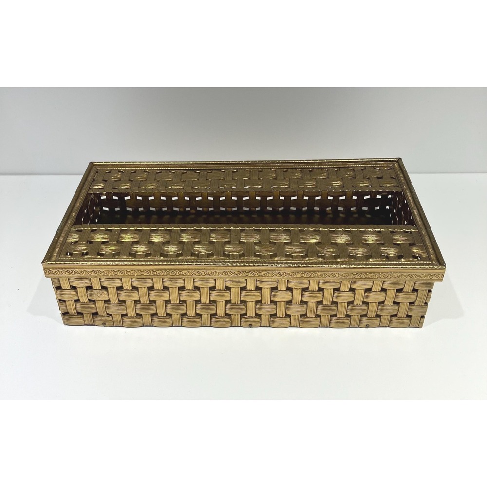 Vtg Gold Tone Metal Rectangular Tissue Box 2 Pc-Vanity Decor-Hollywood Regency
